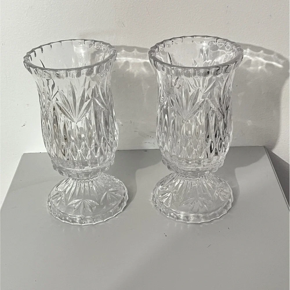 Vintage Hurricane Candle Holder Set  Clear Glass‎ Starburst Pressed Pattern